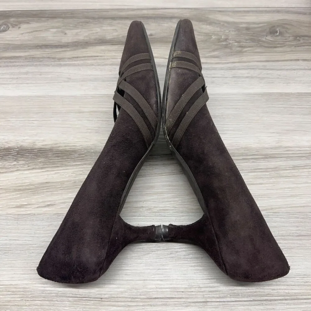 STUART‎ WEITZMAN pumps 6.5 M Dark Brown Strappy Suede Leather Pumps Kitten Heels